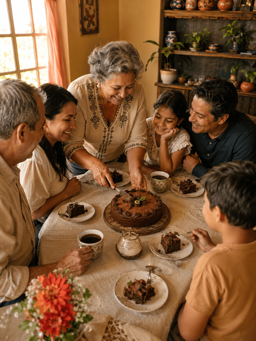 Familia hispana compartiendo postre sin azúcar en la mesa