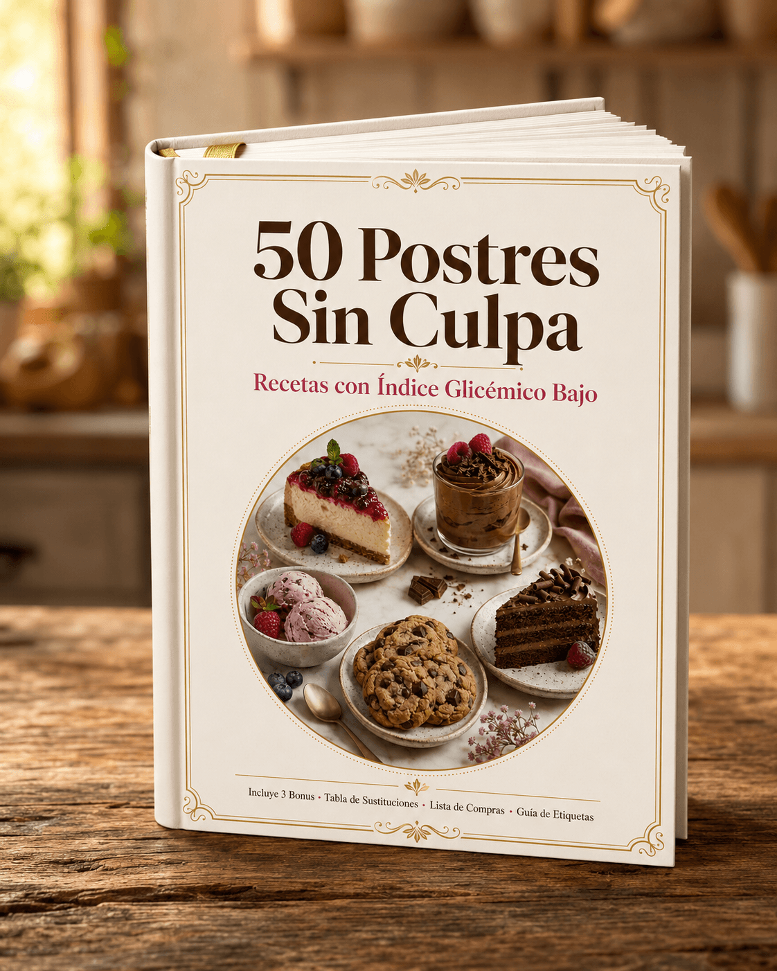 Recetario 50 Postres Sin Culpa — libro físico 3D