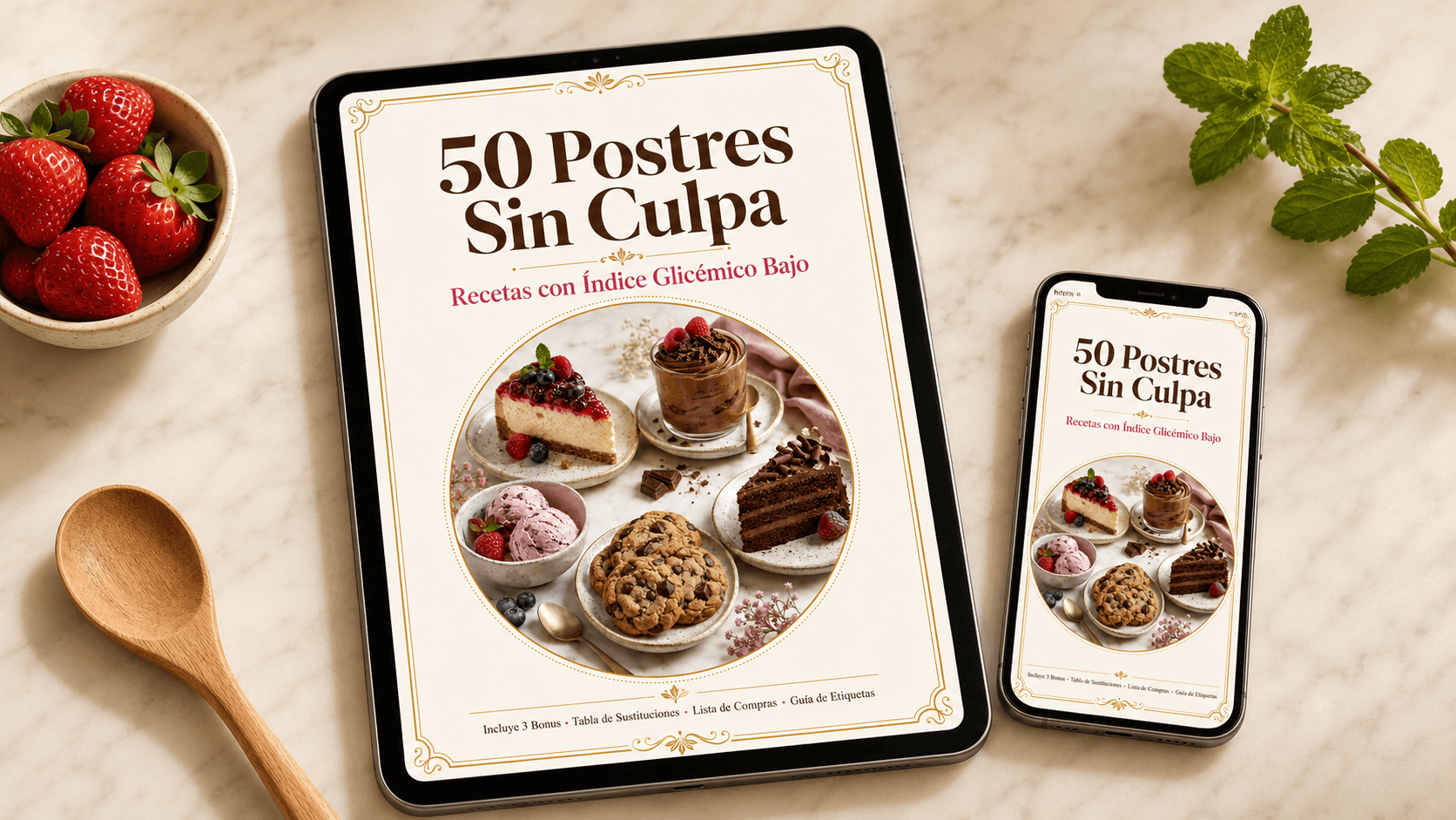 Recetario 50 Postres Sin Culpa en tablet y celular